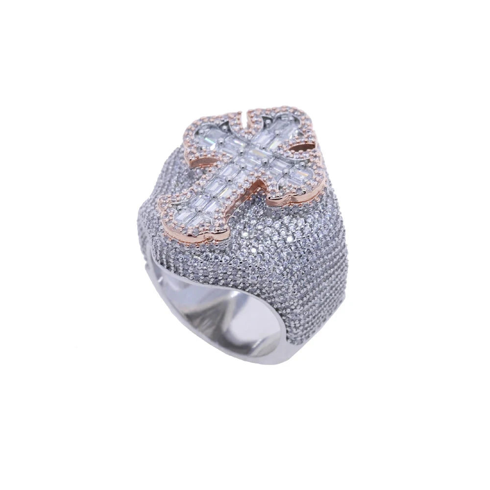 Two Tone Iced Out Cross Ring
