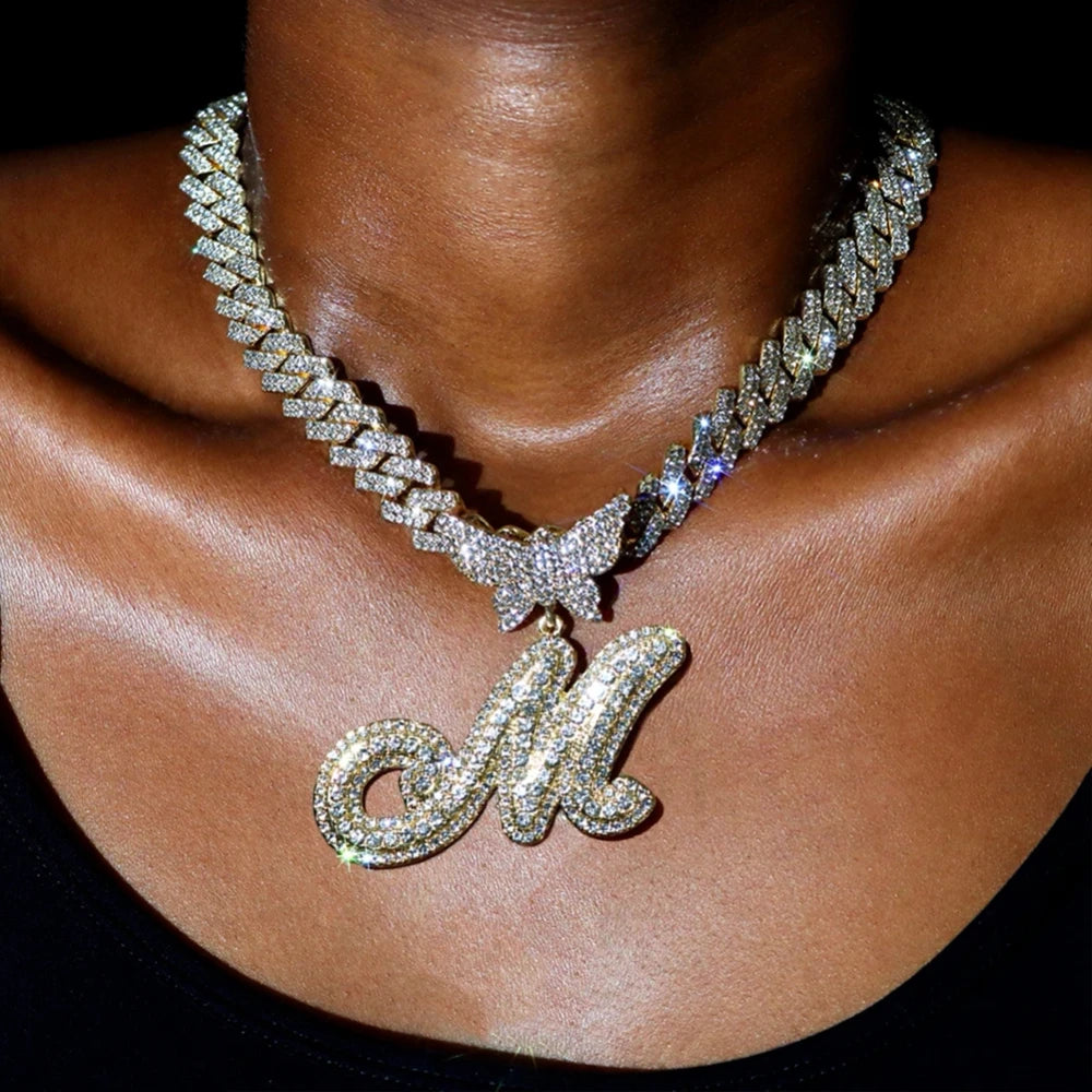 Iced Out Crystal Initial Cuban Necklace