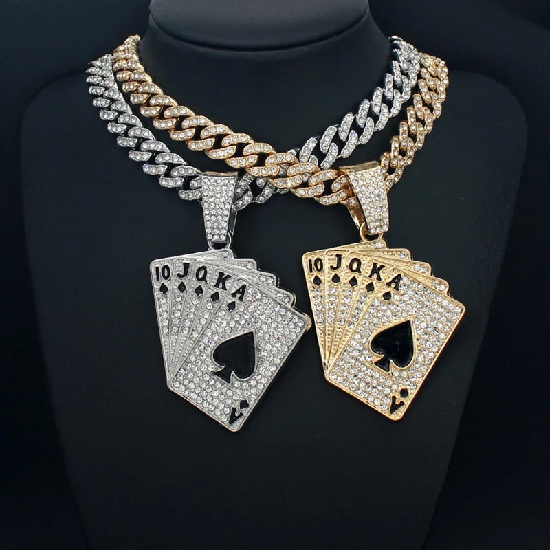 Iced Out Playing Card Pendant Necklace