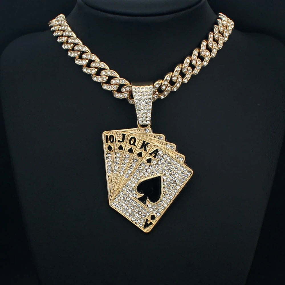 Iced Out Playing Card Pendant Necklace