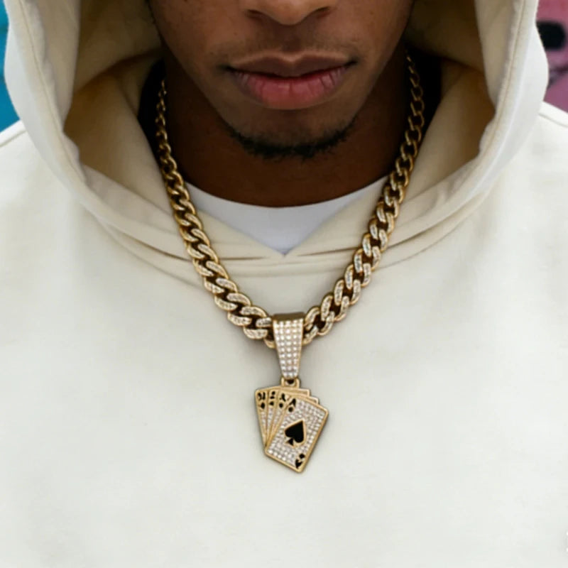 Iced Out Playing Card Pendant Necklace