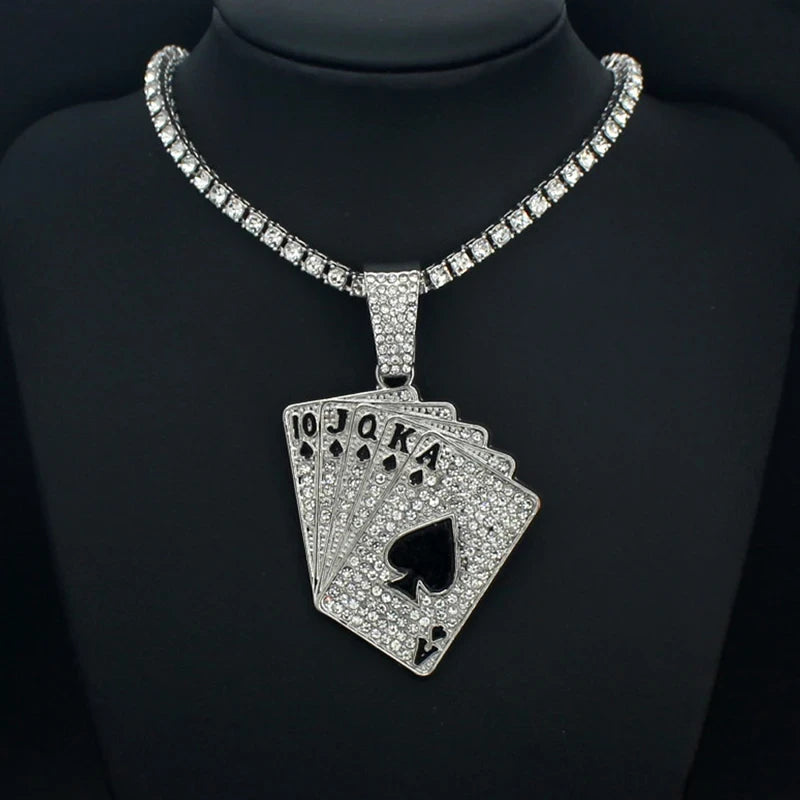Iced Out Playing Card Pendant Necklace