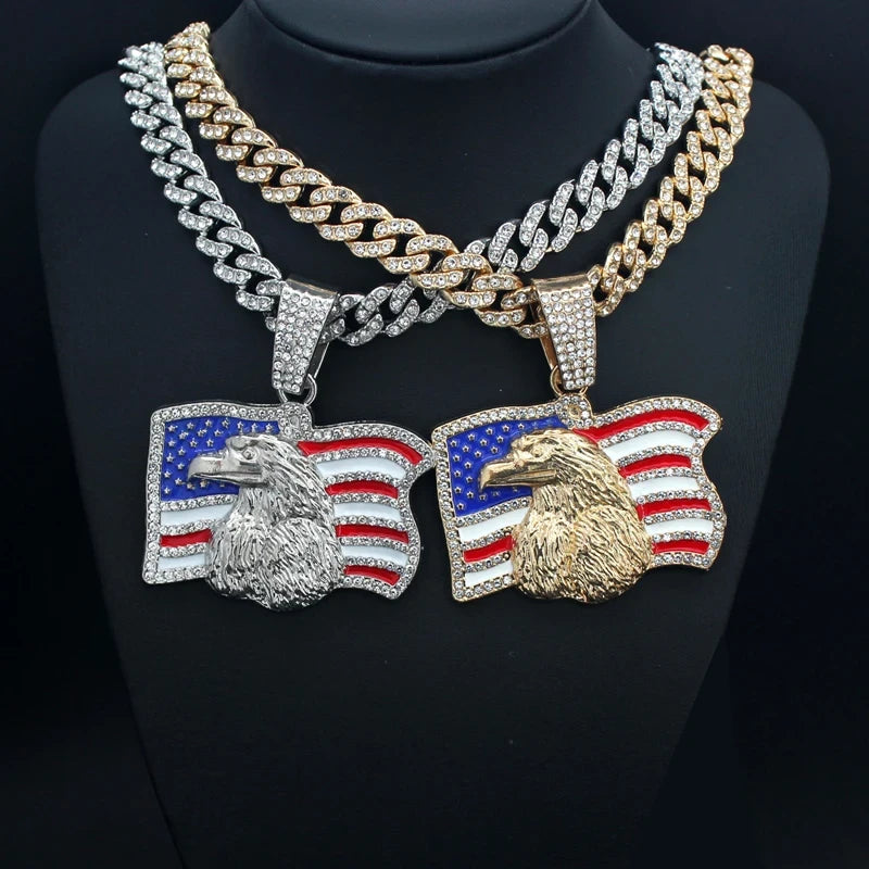 Iced Out American Flag Pendant Necklace