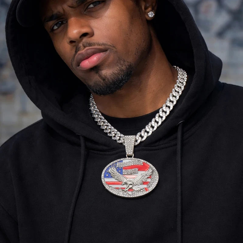Iced Out American Flag Pendant Necklace
