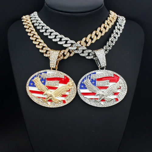 Iced Out American Flag Pendant Necklace