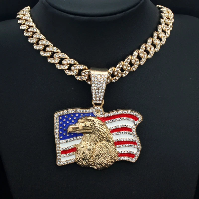 Iced Out American Flag Pendant Necklace