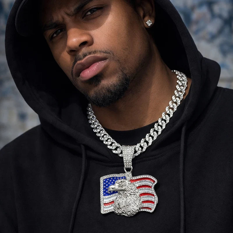 Iced Out American Flag Pendant Necklace